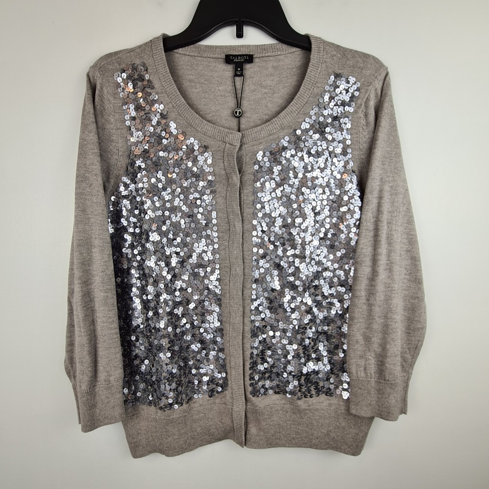 Talbots Sequin Cardigan Sweater Gray Button Snap Front Women's Medium‎ Evening